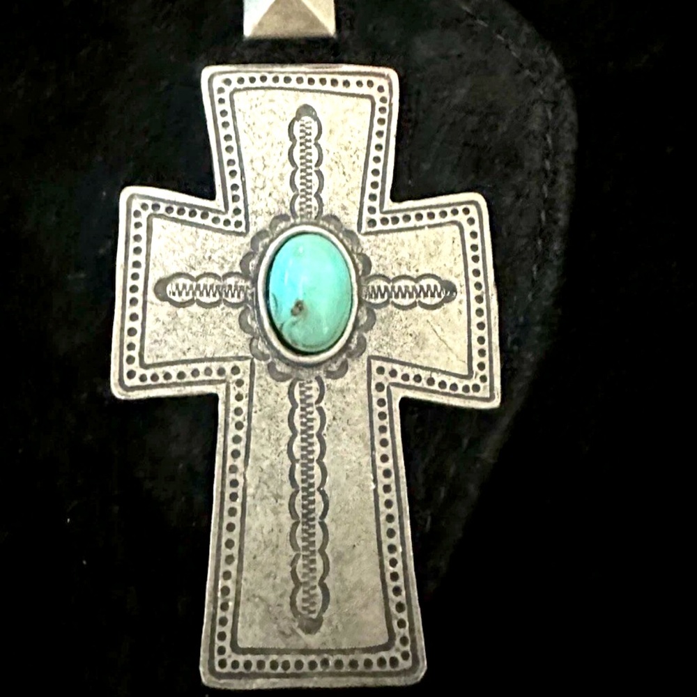 Double D Ranch suede studded jacket silver cross faux with turquoise Rtl $795 S - Picture 6 of 10